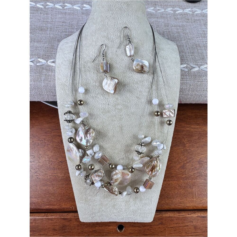 Vintage Mother Of Pearl Shell Multi-Strand Necklace with Earrings